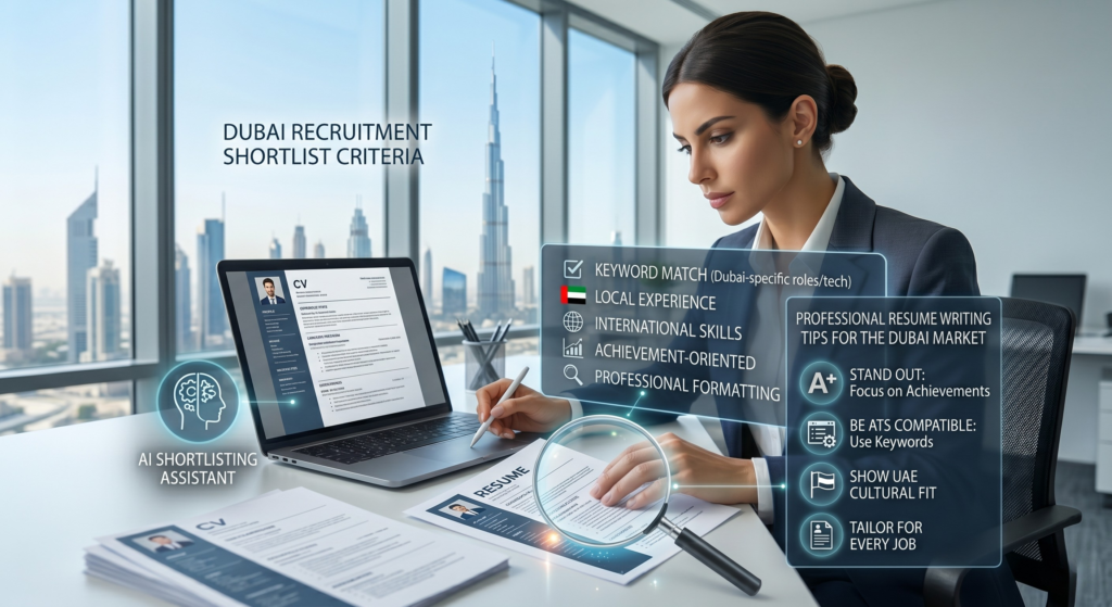 Alt Text: A female HR professional in a modern Dubai office shortlisting CVs. A digital graphic overlay displays resume writing tips, including ATS keyword matching, UAE cultural fit, and achievement-oriented formatting.