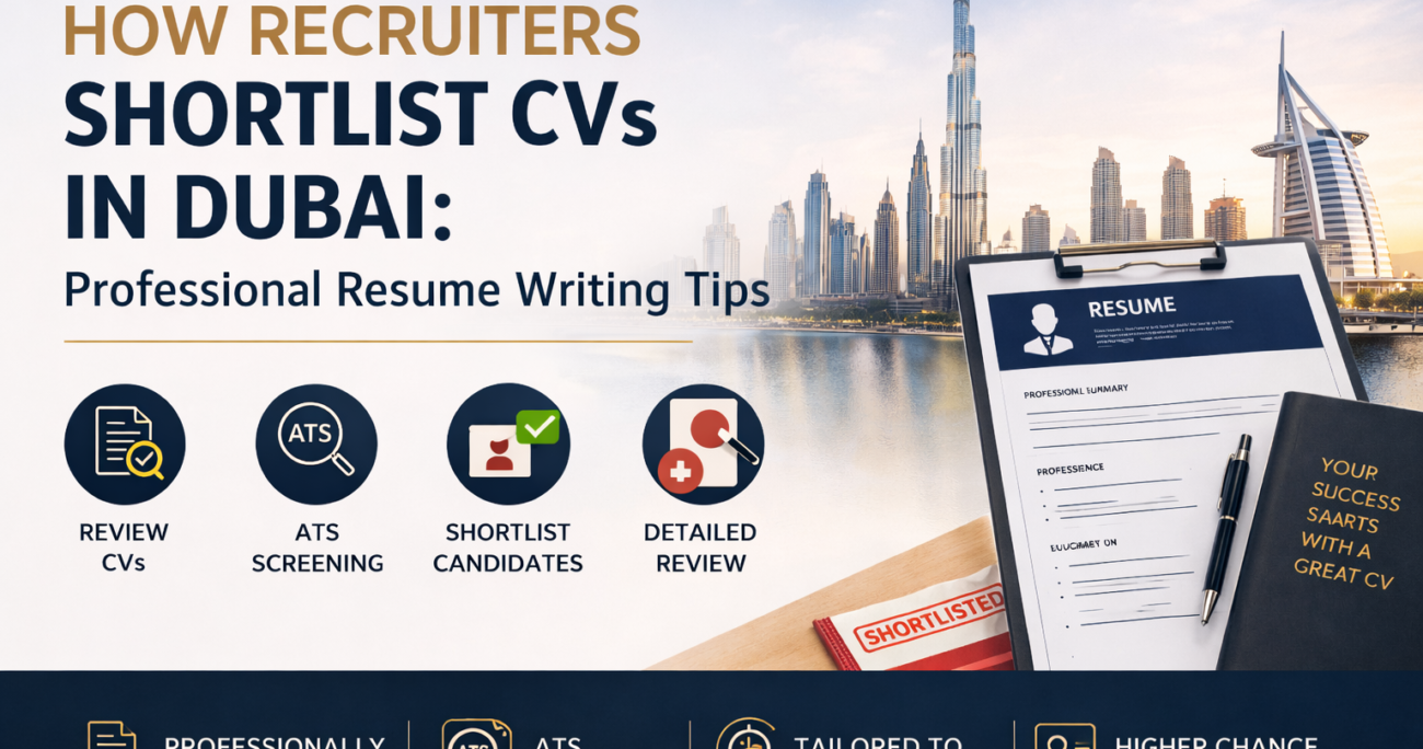 Professional blog feature image showing Dubai skyline with a resume clipboard, recruiter screening icons, and the headline "How Recruiters Shortlist CVs in Dubai: Professional Resume Writing Tips." The design highlights ATS screening, CV review, candidate shortlisting, and interview selection processes.