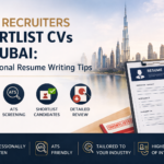 Professional blog feature image showing Dubai skyline with a resume clipboard, recruiter screening icons, and the headline "How Recruiters Shortlist CVs in Dubai: Professional Resume Writing Tips." The design highlights ATS screening, CV review, candidate shortlisting, and interview selection processes.