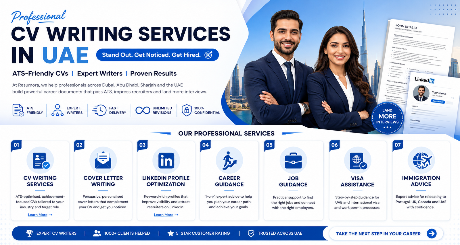 CV Writing Services in UAE – Resumora offers ATS-optimized CV writing, cover letter writing, LinkedIn profile optimization, interview coaching, career guidance, immigration advice, and job search support for professionals in Dubai, Abu Dhabi, and Sharjah.
